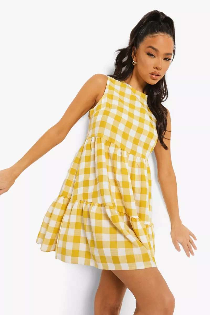 Boohoo Gingham Sleeveless Tiered Smock 
