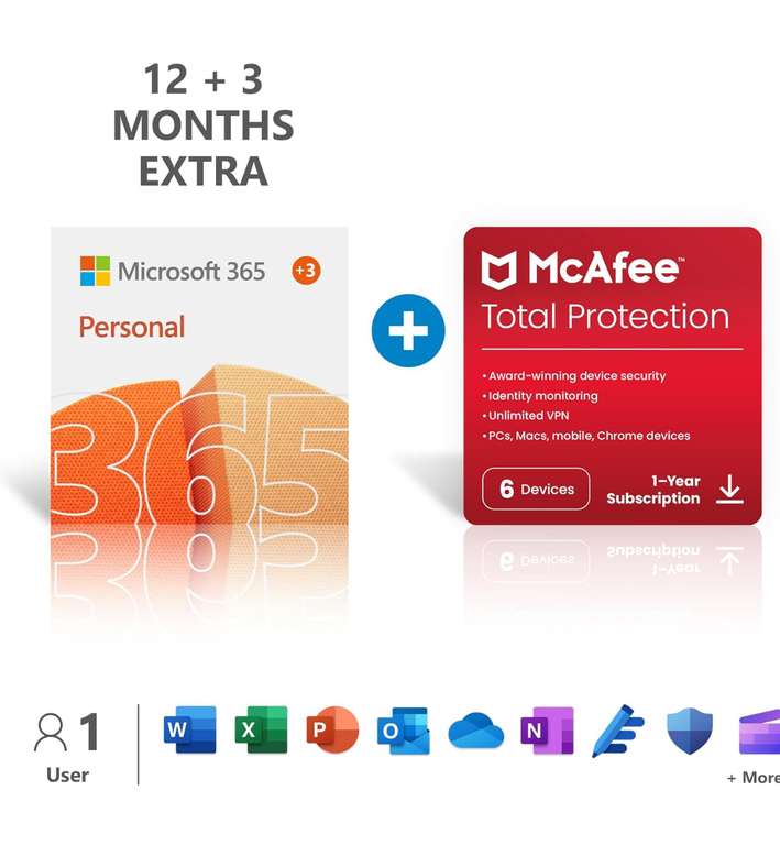 Microsoft Office 365 Personal: 12 Months (+ 3 Free) & McAfee Anti Virus
