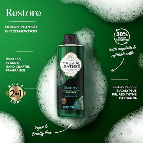 Imperial Leather Men Restore Shower Gel 2in1 Body Wash, Black Pepper and Cedarwood, Pack of 4 x 500 ml (£5.78/£6.46 with S&S)