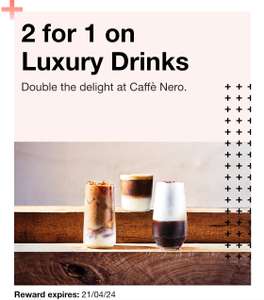 2 For 1 Luxury Drinks at Caffe Nero Via Three Rewards Price range is £4.40-£4.75