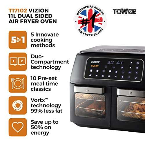Tower, T17102, Vortx Vizion Dual Compartment Air Fryer Oven with Digital Touch Panel, 11L, Black £129.99 at Amazon
