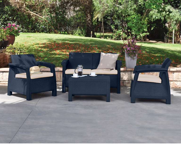 Keter Corfu Outdoor 4 Seater Rattan Sofa Furniture Set with Accent Table - Graphite with Cream/Mushroom Cushions £169.99 @ Amazon