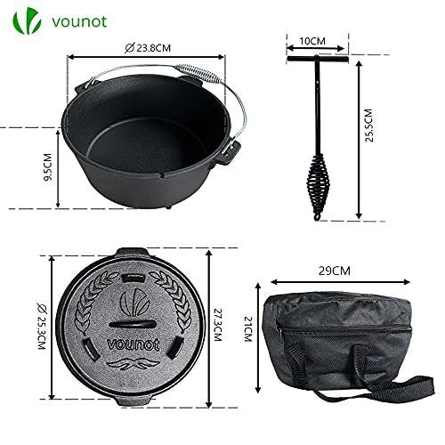 VOUNOT Dutch Oven 4.25 Liters, Pre-Seasoned Cast Iron Pot with Carry Bag, Feet, Lid Lifter, Spiral Handle and Slot £23.38 @ Amazon