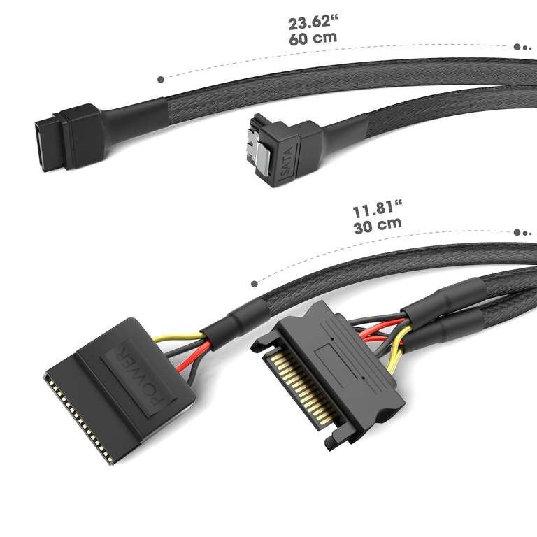 30cm 15-pin SATA to 2 x 15-pin SATA power cable + 60cm 7-pin SATA 3 data cable 6 Gbit/s 90° angled + 60cm 7-pin SATA 3 data cable 6 Gbit/s