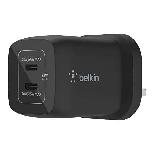 Belkin 65W Dual USB Type C Wall Charger, Fast Charging Power Delivery 3.0 with GaN Technology