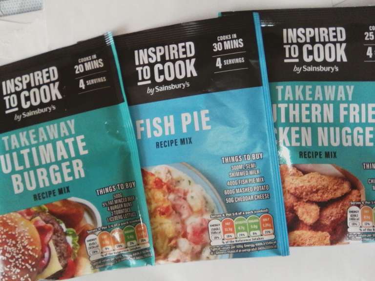 Sainsburys Inspired to cook Recipe Mix, Fish pie 20g 17p /Ultimate Burger 56g 24p /Southern Fried Chicken Nuggets 50g 24p @ Sainsburys Derby