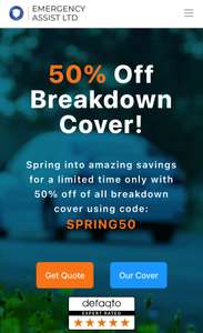 Energency assist breakdown 50% off all cover with code