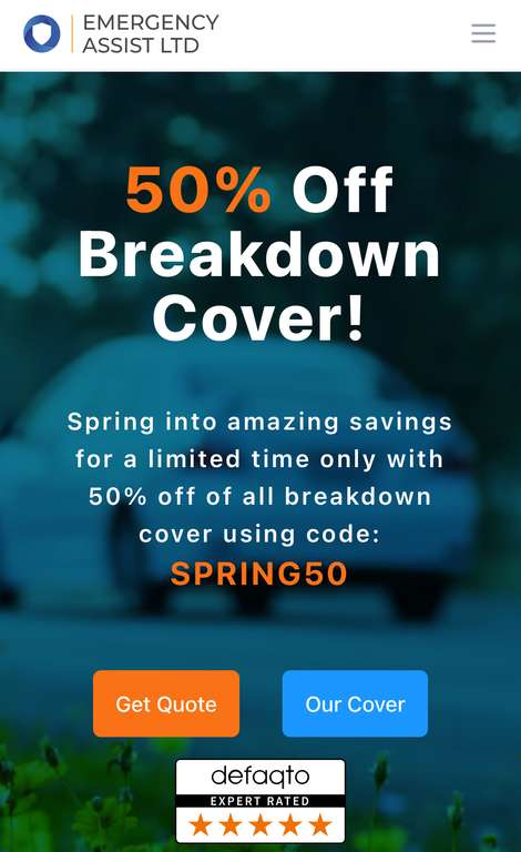 Energency assist breakdown 50% off all cover with code