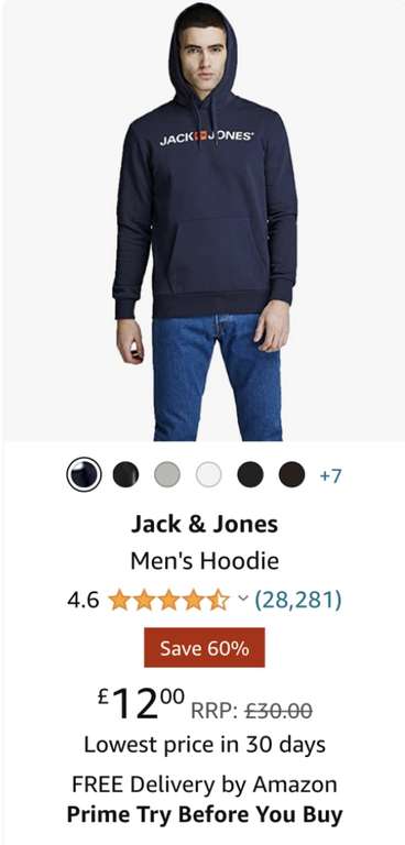 Jack & Jones Men's Hoodie Blue, Small to XXL, £12 @ Amazon