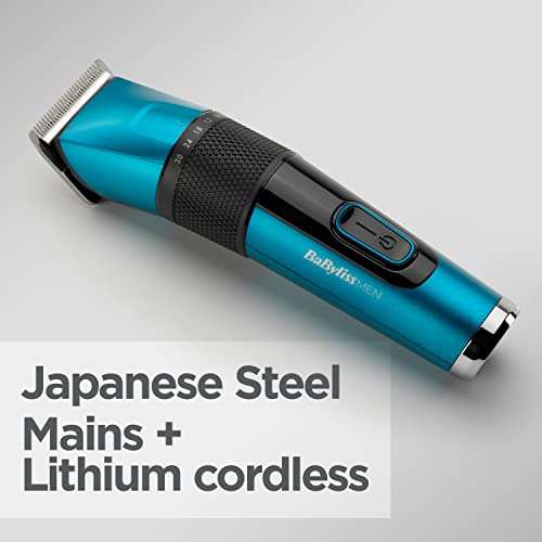 BaByliss Japanese Steel Digital Hair Clipper, Lithium Cordless/Corded, 45 Cutting lengths, LED screen, blue