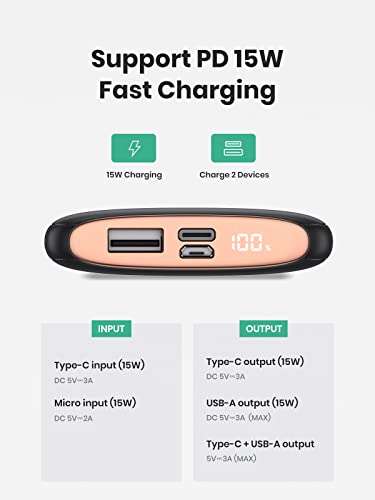 TOPK Portable Charger, 15W 10000mAh Power Bank with LED Display (USB-C Input & Output) - £11.99 @ TOPKDirect / Amazon
