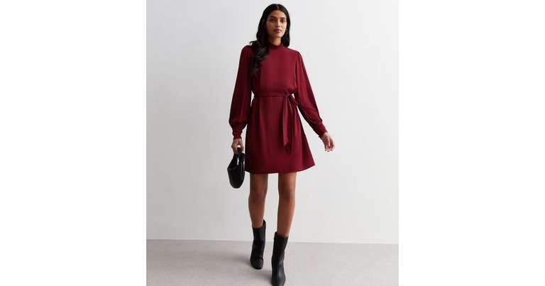 Burgundy High Neck Long Sleeve Belted Mini Dress £1.99 C&C | hotukdeals