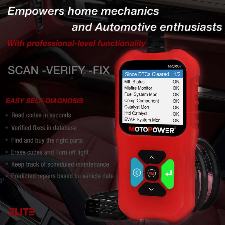 MOTOPOWER MP69038 Car OBD2 Engine Fault Code Reader Scanner CAN Diagnostic Scan Tool - Elite Edition w/voucher by motopower direct FBA