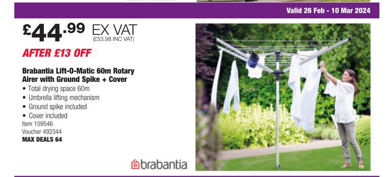 BRABANTIA LIFT-O-MATIC 60m ROTARY AIRER WASHING LINE with GROUND SPIKE &  COVER