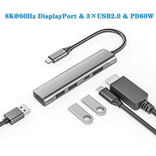USB C Hub - USB C to DisplayPort 1.4 Multiport Adapter + 3 USB 2.0 Ports + USB C 60W PD £28.94 at Amazon US