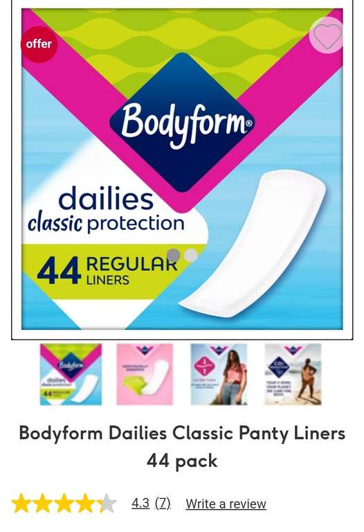 Bodyform Dailies Classic Panty Liners 44 pack - 2 packs (£1.50 c+c)