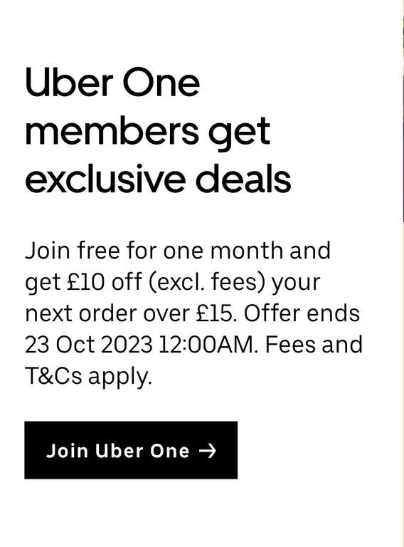 £10 off £15 order when joining Uber One (selected accounts)