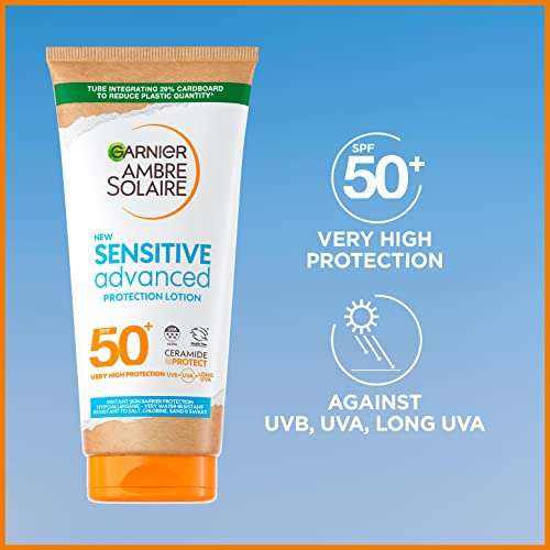 Garnier Ambre Solaire SPF 50+ Sensitive Advanced Sun Cream, For Sensitive Skin, Water Resistant & Non-Greasy Sunscreen, UVA & UVB Protection