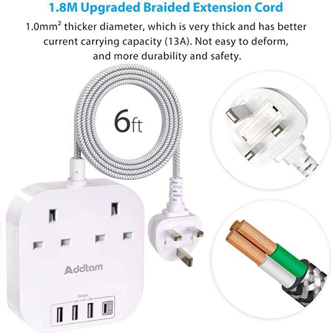 Extension Lead, Power Strip with 2 Way Outlets 4 (4.5A, 1 Type C and 3 USB-A Port) Surge Protection 1.8m Braided cord - Sold by ADDTAM / FBA