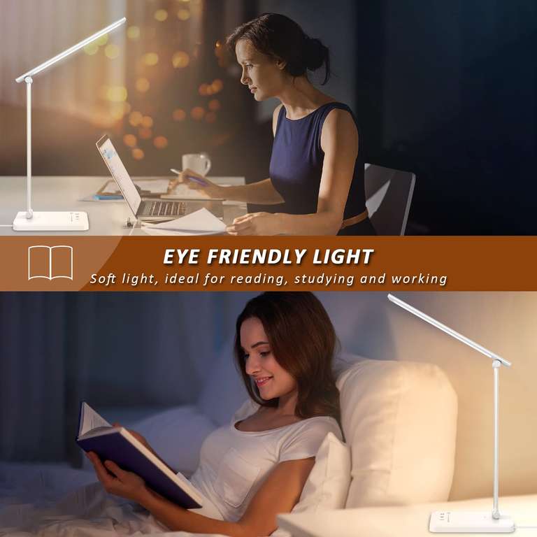Aogled Desk lamp with USB Charging Port, Eye-Caring Reading Light, Dimmable, 5 Color Modes & 5 Brightness Levels, Touch Control (Silver)