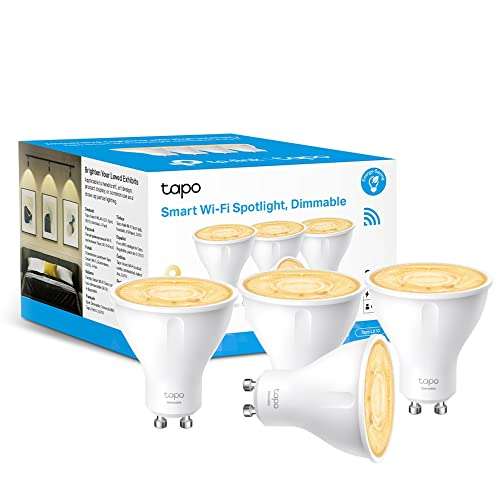 4x TP-Link Tapo Smart Wi-Fi Spotlight, Dimmable, 2700 K Warm Light, GU10 Lamp Base, Remote Control, £23.99 at Amazon