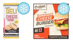 Snacksters The Quarter Pound Cheese Burger 176G (Frozen) 60p / Snacksters Deli Cheese & Ham Panini 180G (Frozen) 85p Tesco