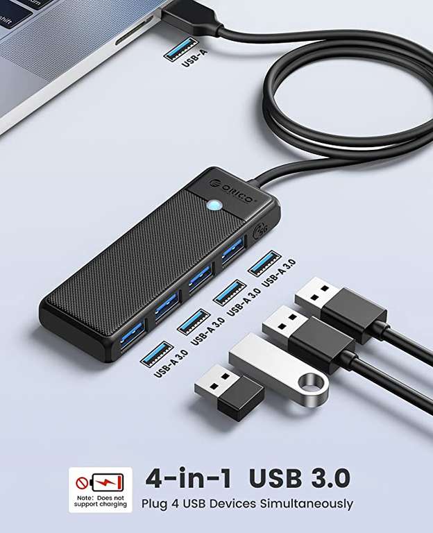 ORICO 4-Port USB 3.0 Hub, Ultra Slim 5Gbps - £3.99 Blue Or White, £4.07 Black With Voucher And Code @ ORICO Official Store / Amazon