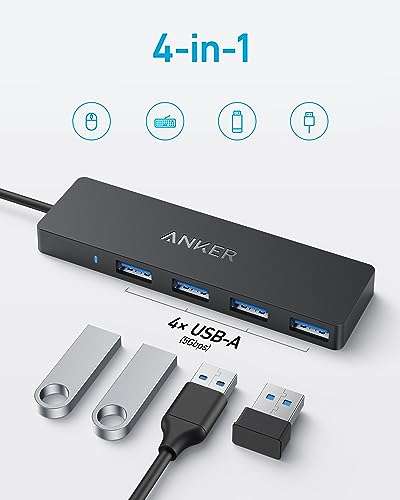 Anker 4-Port USB 3.0 Data Hub, Ultra-Slim 5Gbps USB-C OTG Hub with 2 ft Extended Cable - Sold By Anker Direct FBA