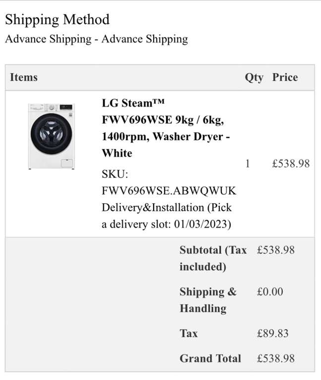 LG Stream FWV696WSE Washer Dryer 9kg/6kg 1400rpm £549.99 / £538.98 members / £522.49 new signups @ LG Electronics -free connection/disposal