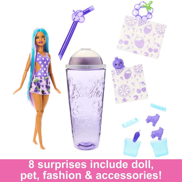 Barbie Pop Reveal Fruit Series Doll, Grape Fizz Theme with 8 Surprises Including Pet & Accessories, Slime, Scent & Color Change