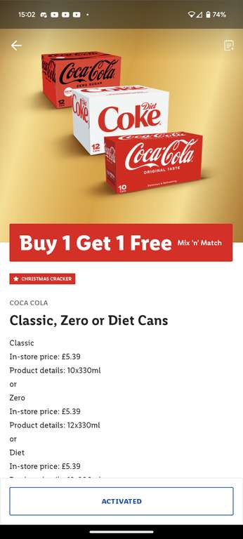 10 330ml Pack Coca Cola Classic, 12 Pack Zero & Diet Buy One Get One Free Via Lidl Plus Coupon