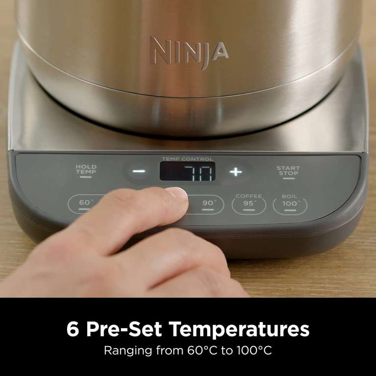 Ninja Perfect Temperature Kettle, 1.7L, Temperature Control, LED Display, Rapid Boil, Temperature Hold for Up to 30 Minutes, Stainless Steel