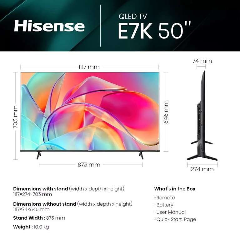 Hisense 50" 4K Ultra HD QLED Smart TV 50E7KQTUK + 5 Year Warranty - W/Code via App | Sold by Marks Electrical (UK Mainland)