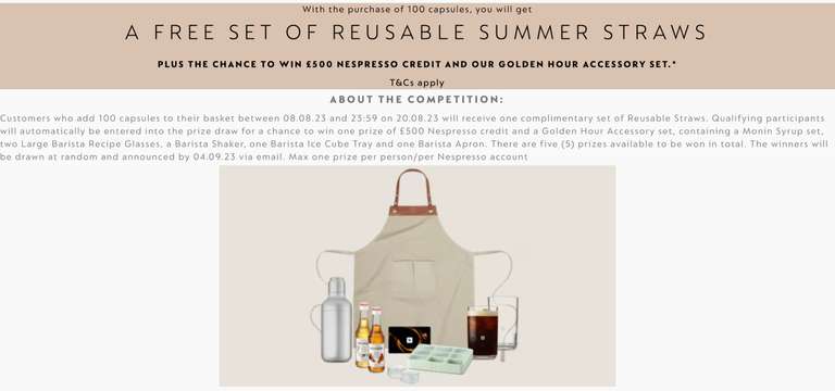 100 Nespresso coffee pods starting from £39 with free Summer straws and entry into prize draw