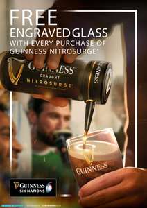 Free engraved Guinness Glass (NI/ROI only) with purchase of Nitro surge can eg 4 pack £7.50 Clubcard Price Tesco