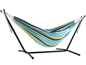 Vivere, Blue Lagoon Double Cotton Hammock with Space-Saving Steel Stand - £83.99 @ Amazon