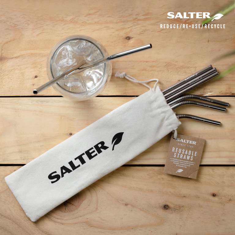 8 x Salter Eco Reusable Metal Drinking Straws With Fibre Cleaning Brush & Drawstring Bag - Sold & Dispatched By Home of Brands