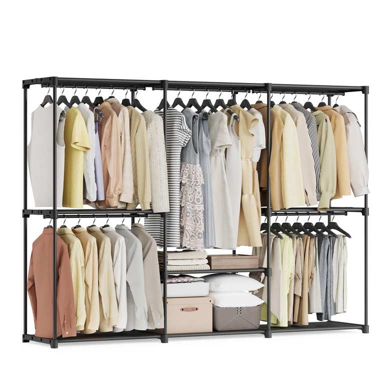 SONGMICS Clothes Wardrobe, Portable Closet, Open Storage Wardrobe, Clothes Garment Rack, 205 x 43 x 166 cm, 5 Hanging Rods and Shelves,