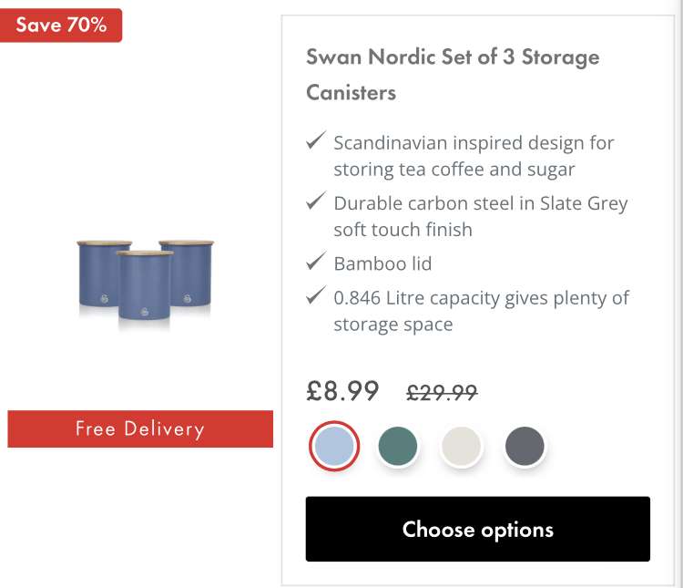 Warehouse Clearance Event : Up to 70% Off e.g. Nordic Set Of Three Storage Canisters £8.99 + Free Delivery @Swan