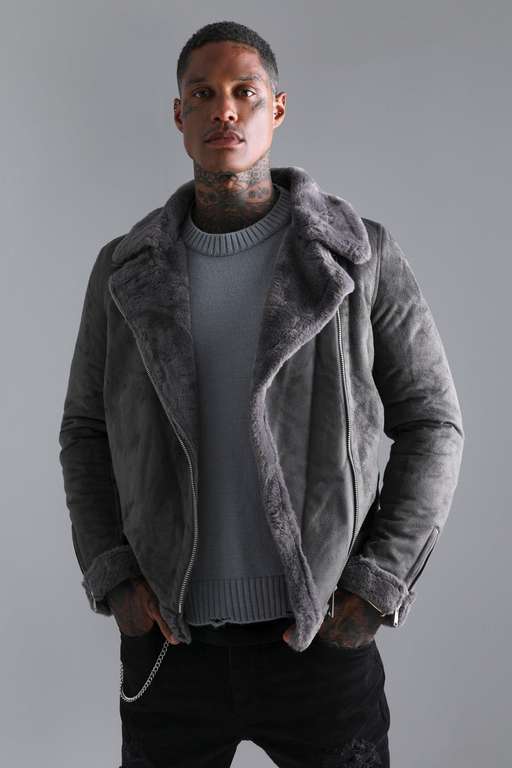 Faux Fur Lined Suede Aviator Jacket £20 +0.99 with code for delivery @ BoohooMAN