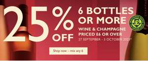 25% OFF 6 BOTTLES or more of wine and Champagne priced £6 or over - £3.95 click and collect.