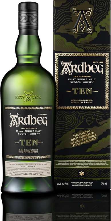 Ardbeg Ten Years Old Islay Single Malt Scotch Whisky with Gift Box, 70 cl. Non chill filtered 46%