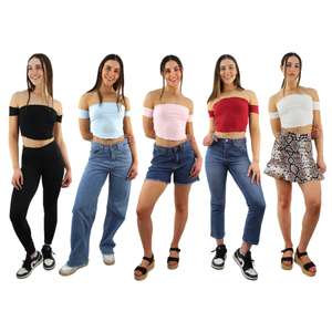 Set of 5 Tops Women’s Lettuce Trim Bardot Crop Tops – Red, Black, Blue, White, Pink sizes 2-12 - £7.50 @ WeeklyDeals4Less