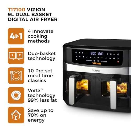 Used like new Tower T17100 Vortx Vizion 9L Dual Basket Air Fryer, Digital control panel, 10 Pre-sets discount at checkout @ Amazon Warehouse