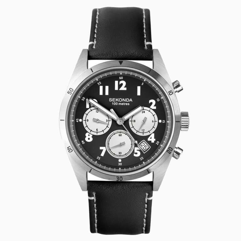Sekonda Men’s Dual Time Watch | Gunmetal Case & Black Leather Strap with Black Dial £29.69 with code @ Sekonda