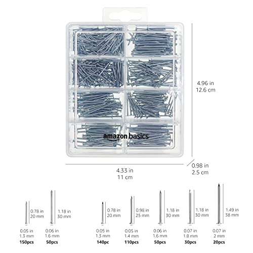 Amazon Basics Hardware Nail Assortment Kit - Includes Finish, Wire, Common, Brad and Picture Hanging Nails, 550-Piece