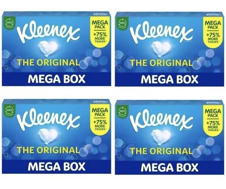 4 x Kleenex Original Facial Tissues Mega Pack - 3 ply Soft & Strong Facial Tissue, 112 Sheets - £3.90 / £3.30 S&S