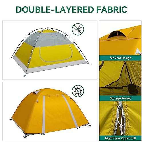 Camping Tent, LED Lights, PU3000mm Yellow 2-3 Ppl | Blue £19.99 | Blue/Green/Grey 4 Person £23.97 With Voucher & Code Sold By YITALIFE FBA