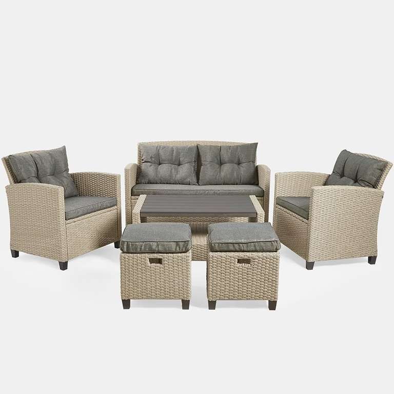 6 Seater Garden Rattan Sofa Set With Cushions - Sofa, 2 Chairs, 2 Stools & Table