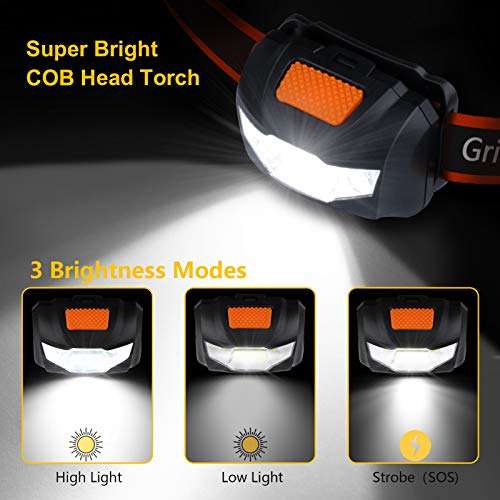 Gritin LED Head Torch, [2 Pack] COB Headlamp Super Bright Headlight (batteries included) - £5.70 Sold by Accer Trading Limited LTD @ Amazon